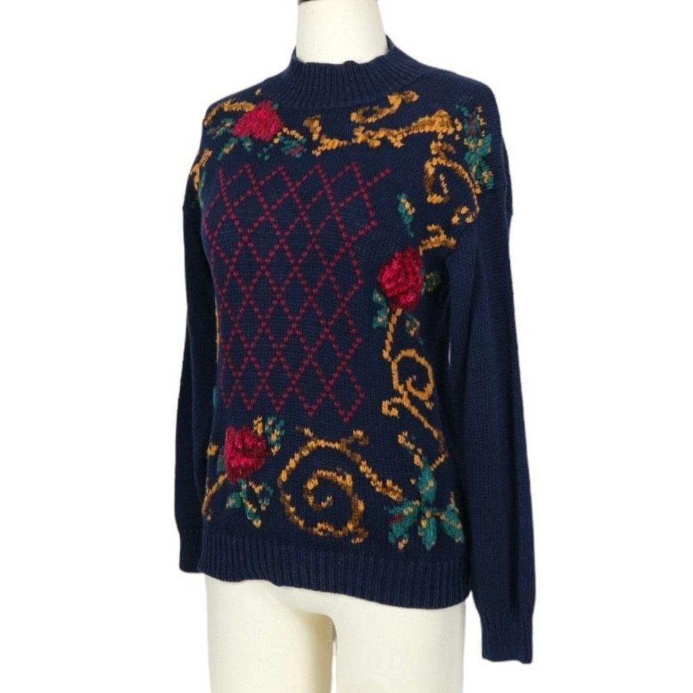 Vintage Studio Michael Stewart Navy Blue Floral-Knit Embroidered Sweater S